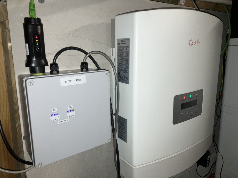 The Modbus box, LED lightpipes used, showing two Waveshare RS485 to Ethernet modules
